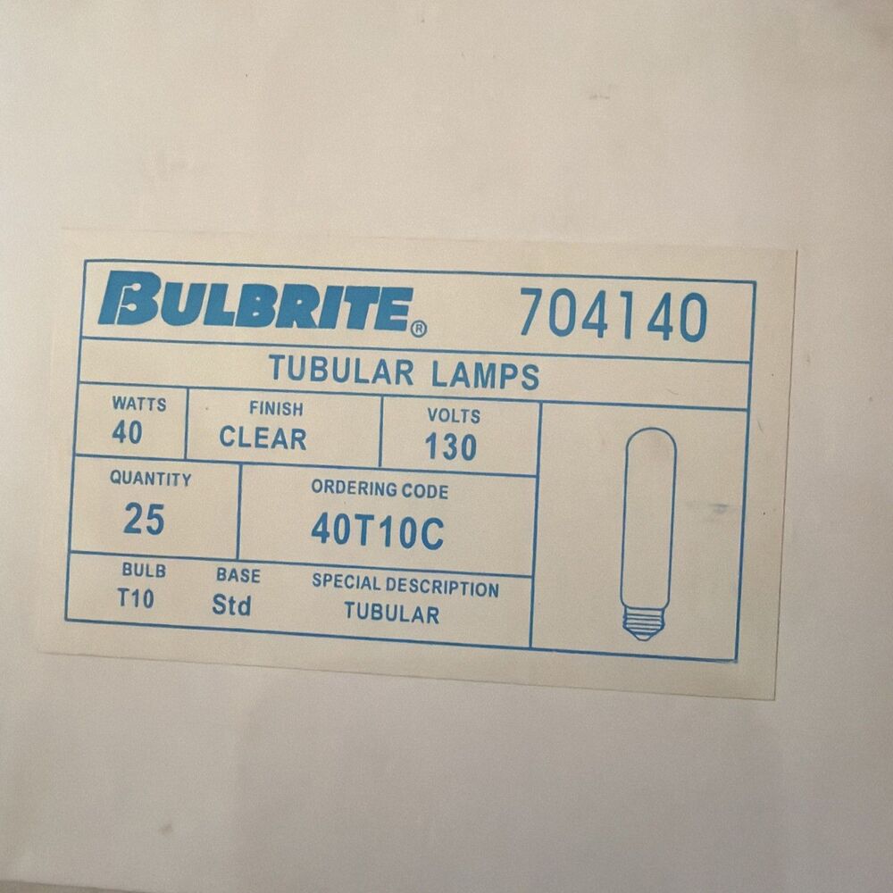 Bulbrite 40T10C Clear Tubular Light Bulb T10 E26 Medium Base 130V 704140 25-Pack